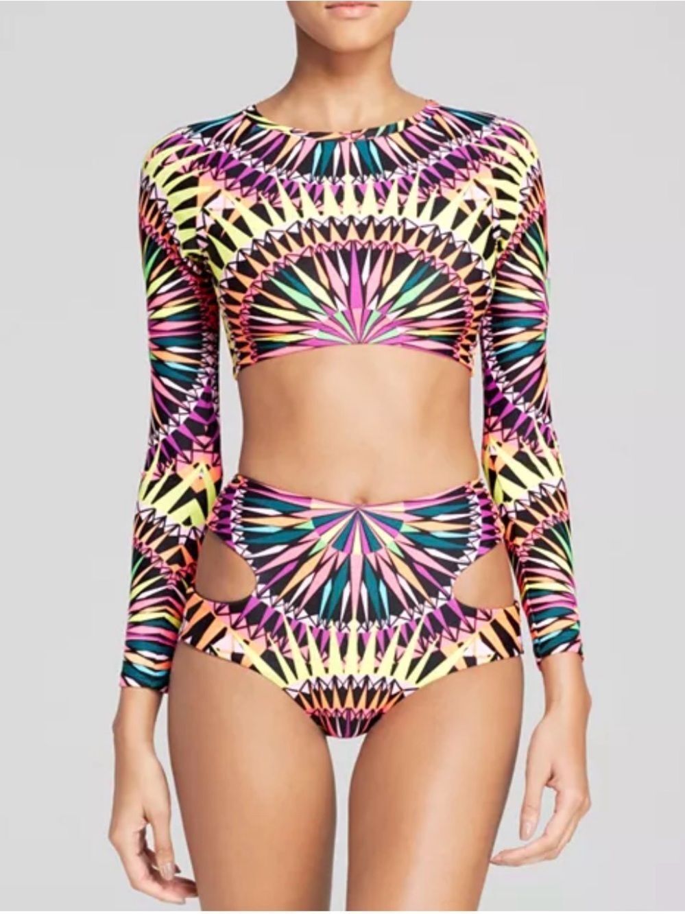 Mara Hoffman Swim Neon Geometric Long Sleeve Crop Rash Guard Top M - Picture 2 of 16